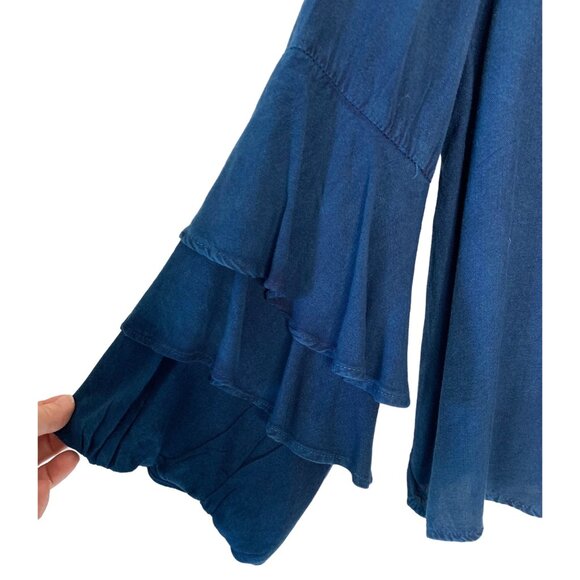 STYLE HOUSE Dark-Wash Chambray High-Neck Tiered Ruffle Sleeve Blouse NWT Large - Picture 5 of 8